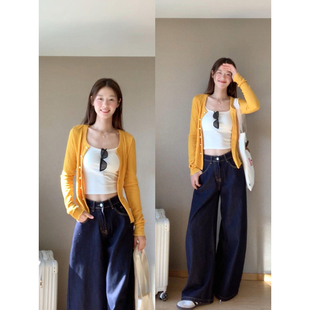 速发黄色针织开衫2024新款春系薄款外搭初秋穿搭韩秋短款小上衣外