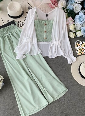 速发Fashio Suit Feme Sumr iCse + High Wst Wide Leg Pa