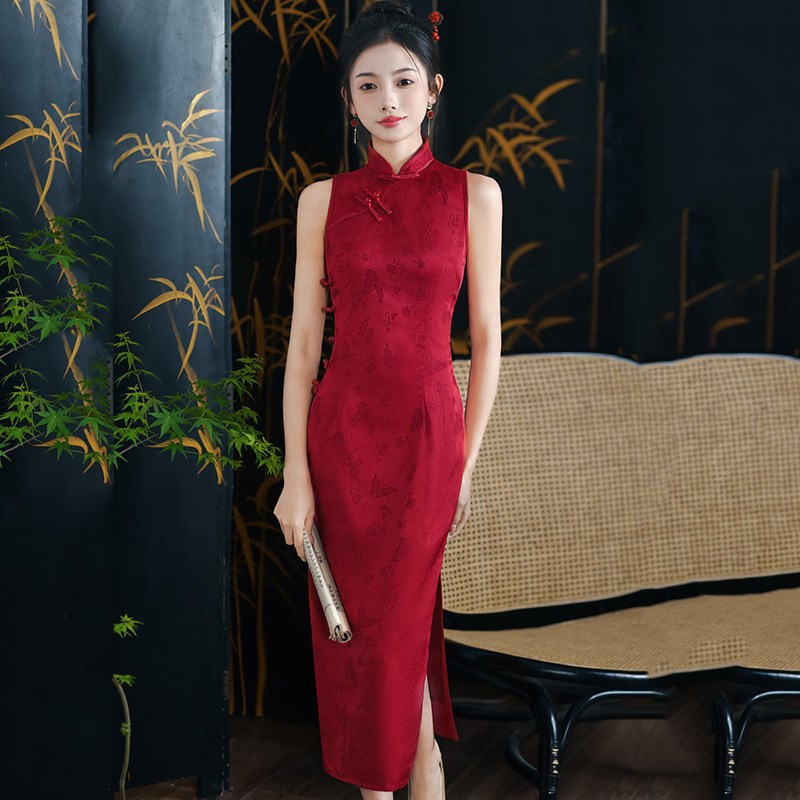 速发2025新款款轻少式性感复古挂脖无袖红色长款新中年改良旗袍
