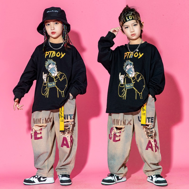 速发幼儿街舞潮服嘻哈男孩破洞牛仔裤hiphop套装演出服孩爵士舞服