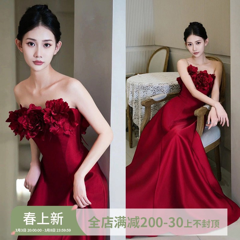 速发人间富贵花酒红色婚瑰新娘订婚结玫敬酒8晨袍婚纱礼服17服7
