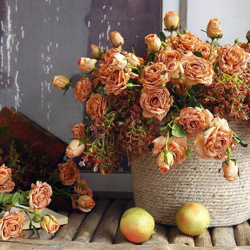 速发法式油画焦边仿真月季花玫瑰花假花复古客厅餐桌花装饰花插花