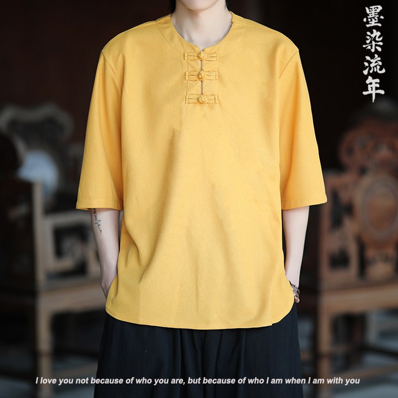 速发复古盘扣汉服男中国风夏季薄款t恤宽松大码五分袖体恤衫