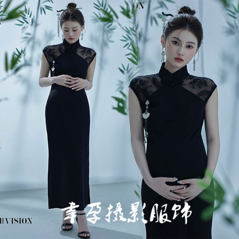 速发新楼衣款孕妇照服装时尚黑色丝绒高级感旗袍艺术拍照摄影影服