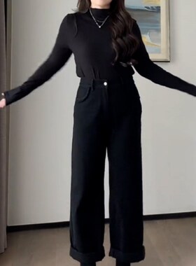 速发大遮款形身材休闲阔腿裤梨码肚黑色直筒高腰牛仔裤