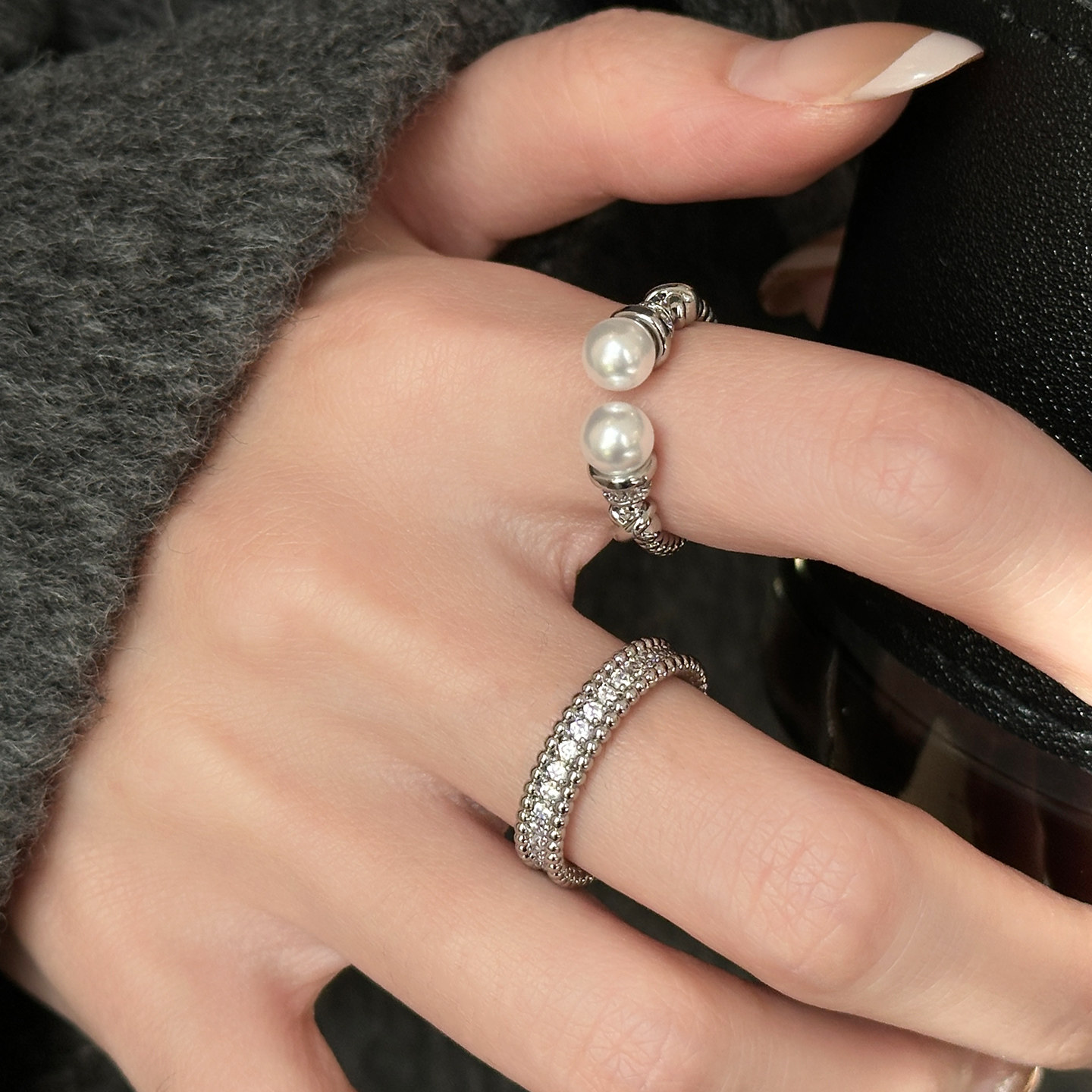 麻花双珍珠开口戒指女小众设计排钻食指戒轻奢高级感气质叠戴指环