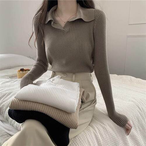 纯欲风POLO领针织衫女春