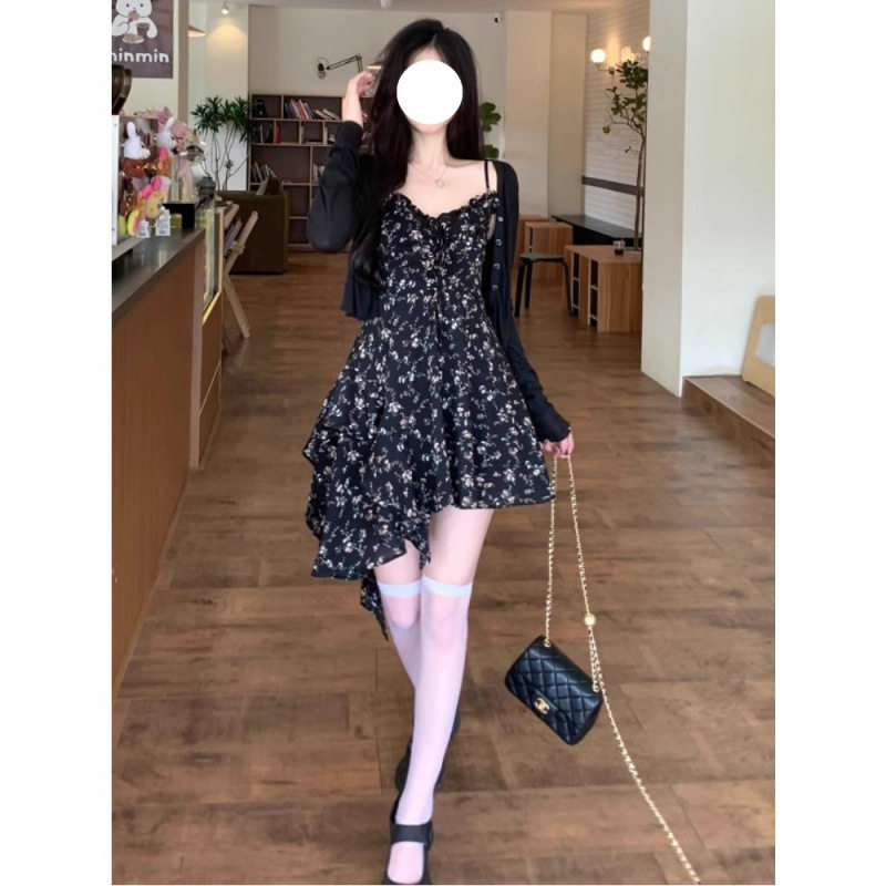 大码女装法式碎花吊带连衣裙两件套装夏季胖mm不规则显瘦黑色裙子