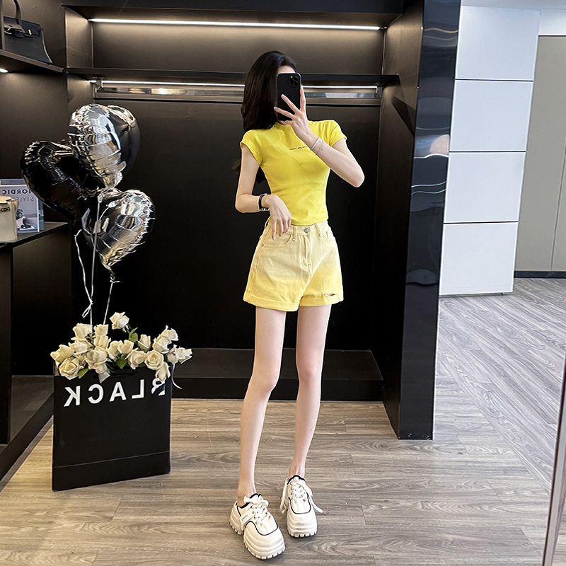 夏装两件套套韩系炸街减龄时尚茶系穿搭牛仔短裤套装女高腰气质女