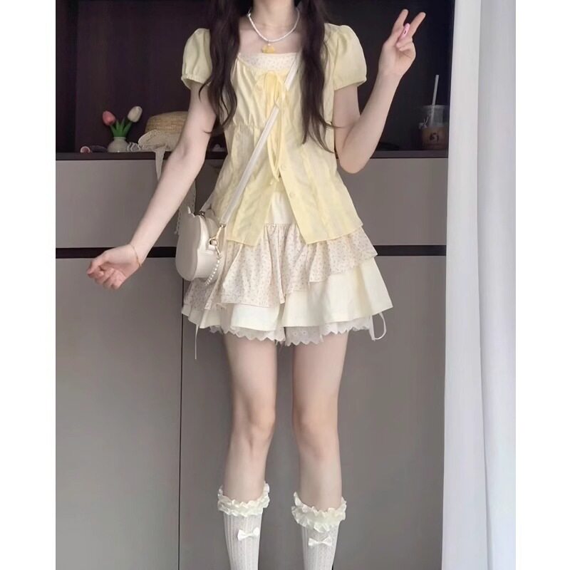 温柔甜妹奶乖穿搭套装裙女夏假两件收腰衬衫碎花百褶短裙子两件套