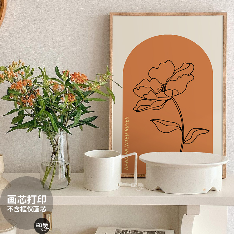 北欧风几何抽象花卉装饰画芯卧室床头摆画玄关餐厅手绘线条挂画心图片