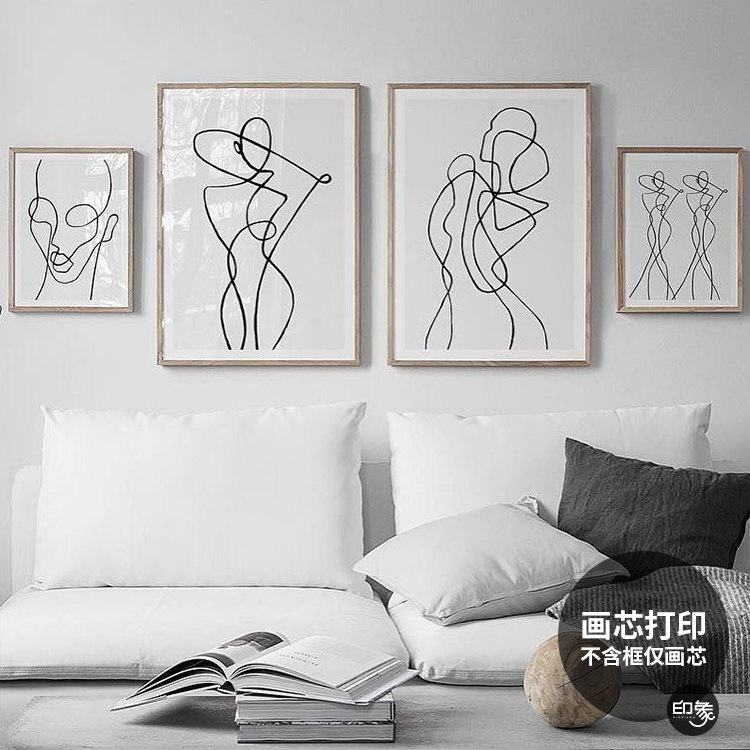 轻奢极简人物线条时尚挂画心北欧风客厅黑白抽象海报装饰画芯打印