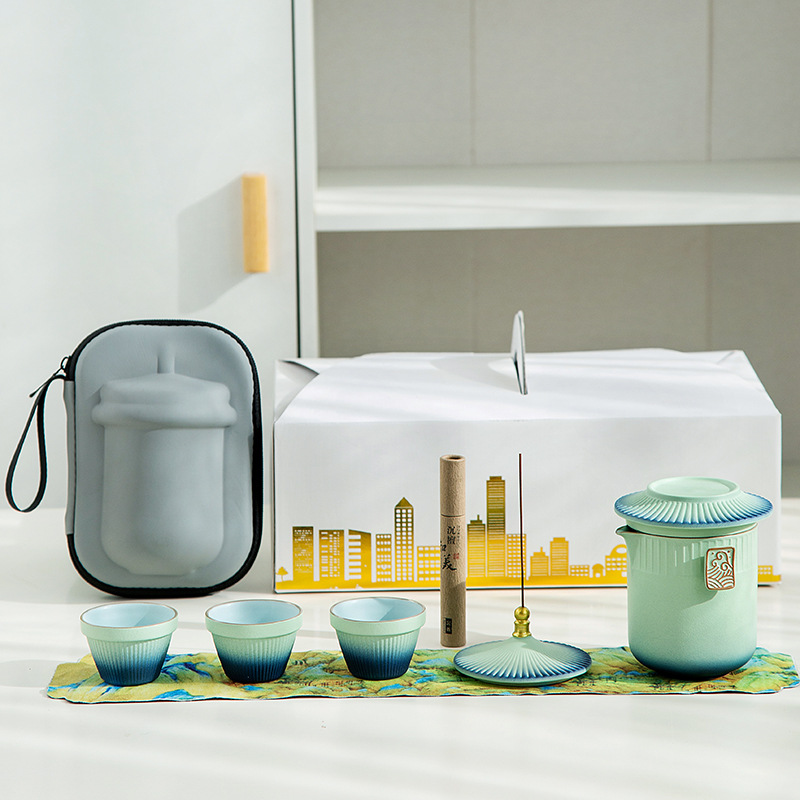 宫廷风粗陶渐变釉旅行茶具套装公司创意便携小套装一壶三杯伴手礼