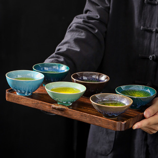 窑变建盏茶盏陶瓷茶杯6 个不同颜色斗笠杯茶碗品茗杯套装茶具