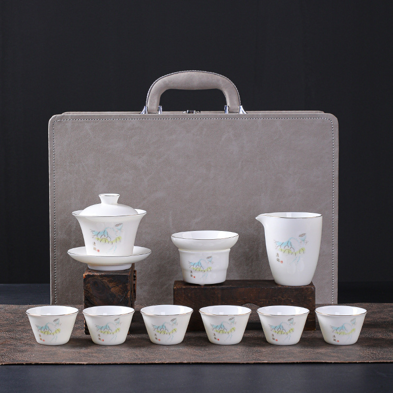 羊脂玉白瓷茶具套装功夫茶具盖碗家用全套茶茶壶礼盒活动礼品logo