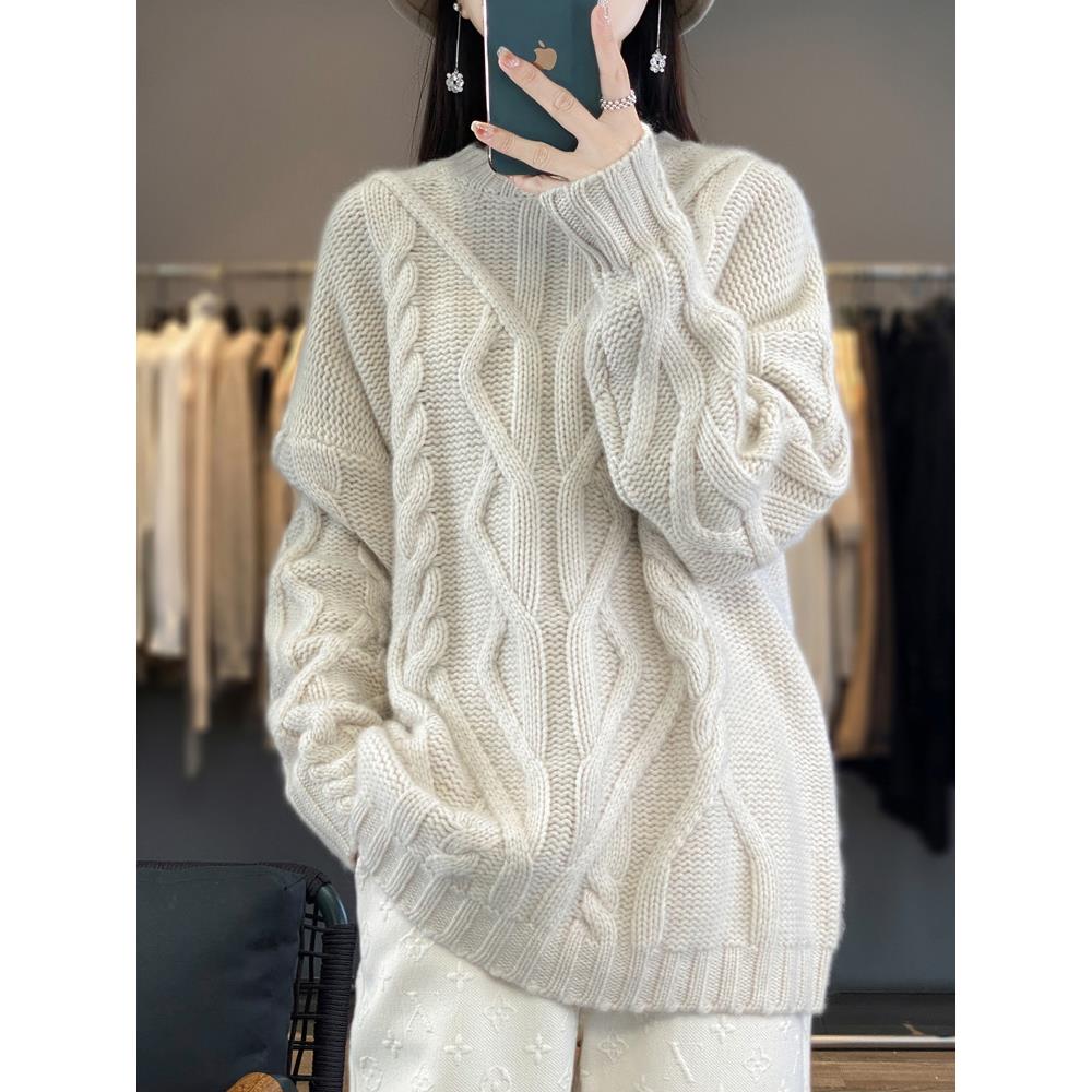 ROUMIKL韩版圆领长袖毛衣女宽松减龄黑色扭花针织衫高级感上衣秋