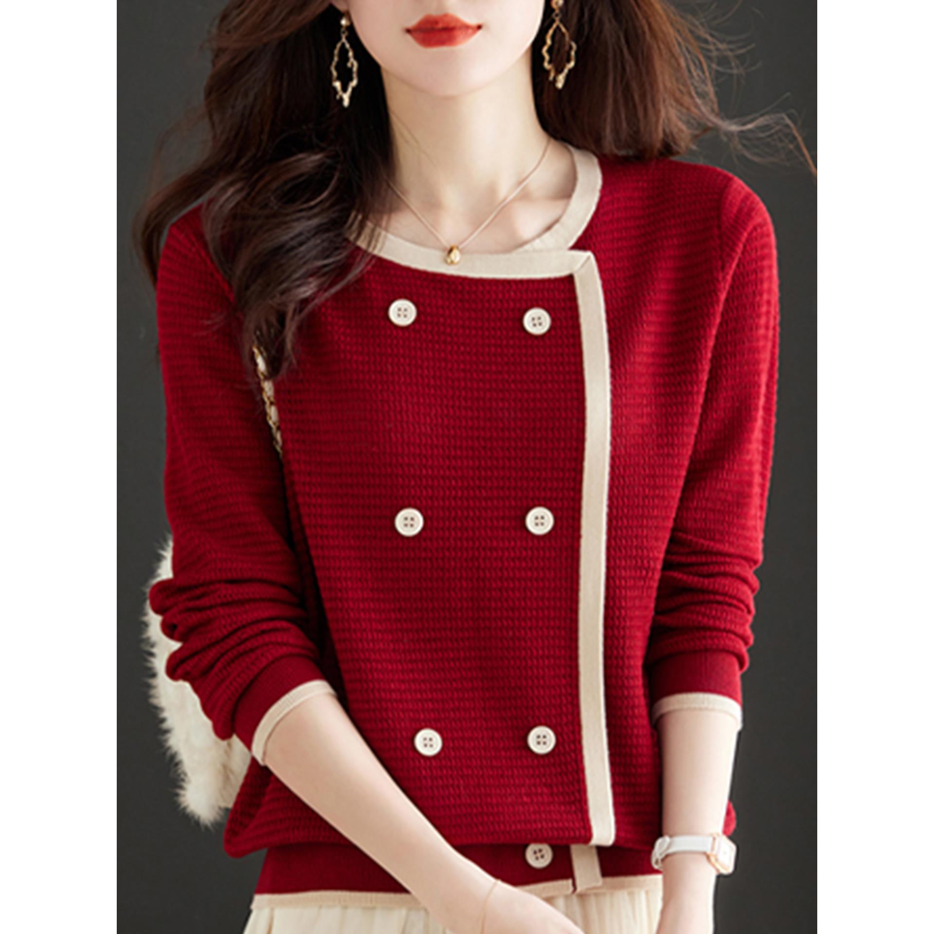 ROUMIKL小香风针织衫女早秋2025新款高级感上衣法式红色毛衣短款