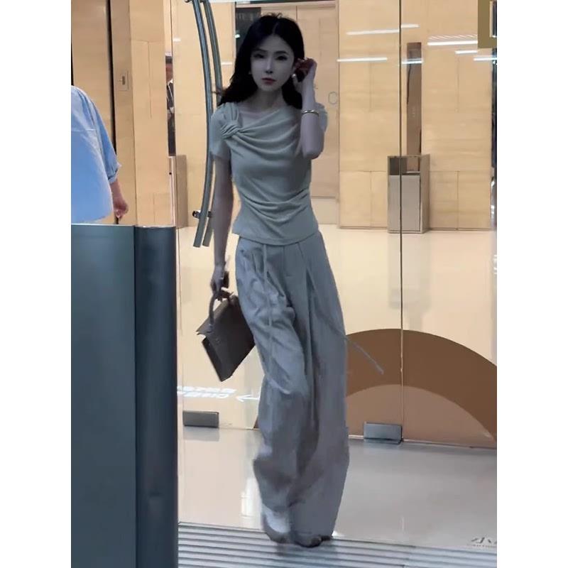 RIERA夏天穿搭一整套时尚气质设计感短袖上衣高腰阔腿裤御姐轻熟