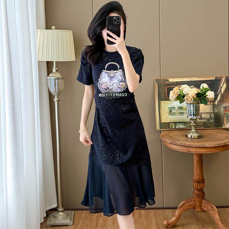 RIERA大码女装2025夏新款胖mm时尚轻奢减龄包包亮钻雪纺拼接显瘦