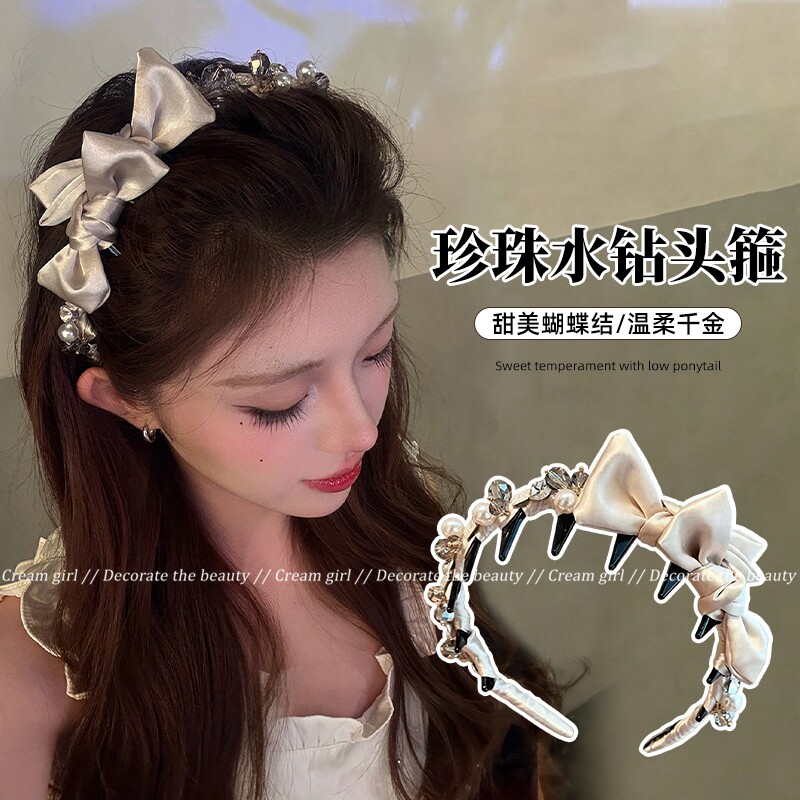 法式甜美珍珠水钻蝴蝶结发箍女图片
