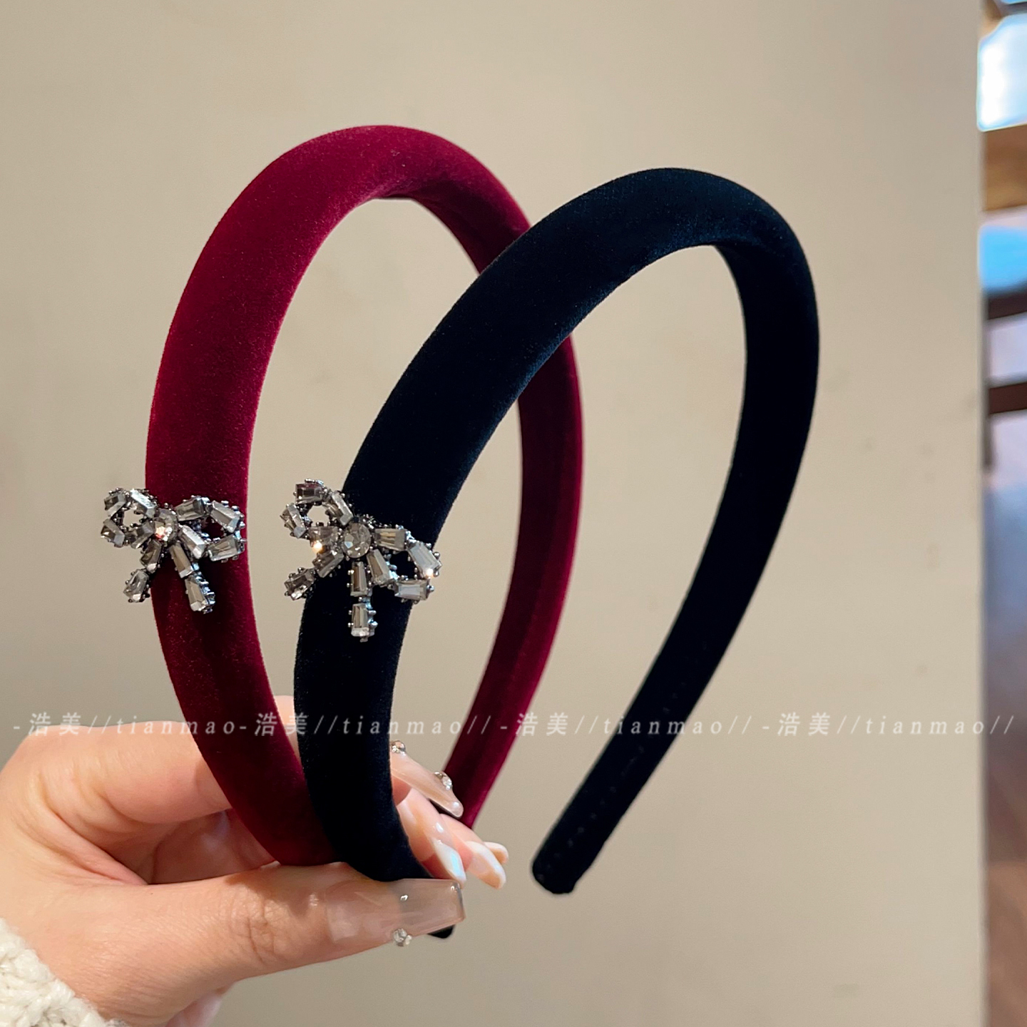 韩系丝绒水钻蝴蝶结发箍女