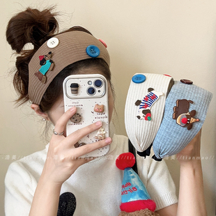 可爱卡通宽边发箍女趣味小狗刺绣布贴针织头箍韩系气质高级感发捆