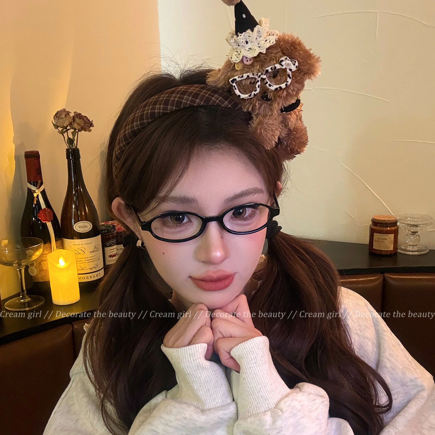 韩系可爱毛绒小狗发箍女复古格纹宽边高颅顶压发头箍甜美卡通发饰