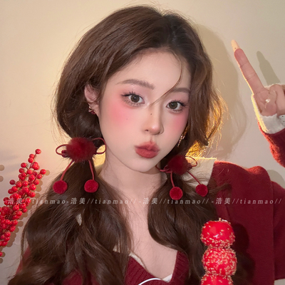 新年甜美红色毛球蝴蝶结发夹