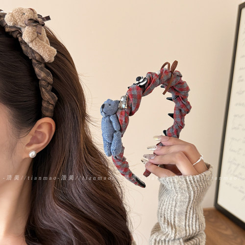 高级感格纹小熊不勒头发箍女