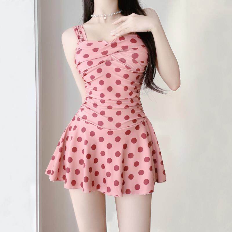 粉色可爱波点世泳衣女2023新款连体遮肚显瘦平角泡温泉