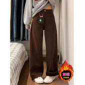 女冬季 新款 大码 棕咖色加绒阔腿牛仔裤 宽松显瘦胖mm直筒拖地弯刀裤