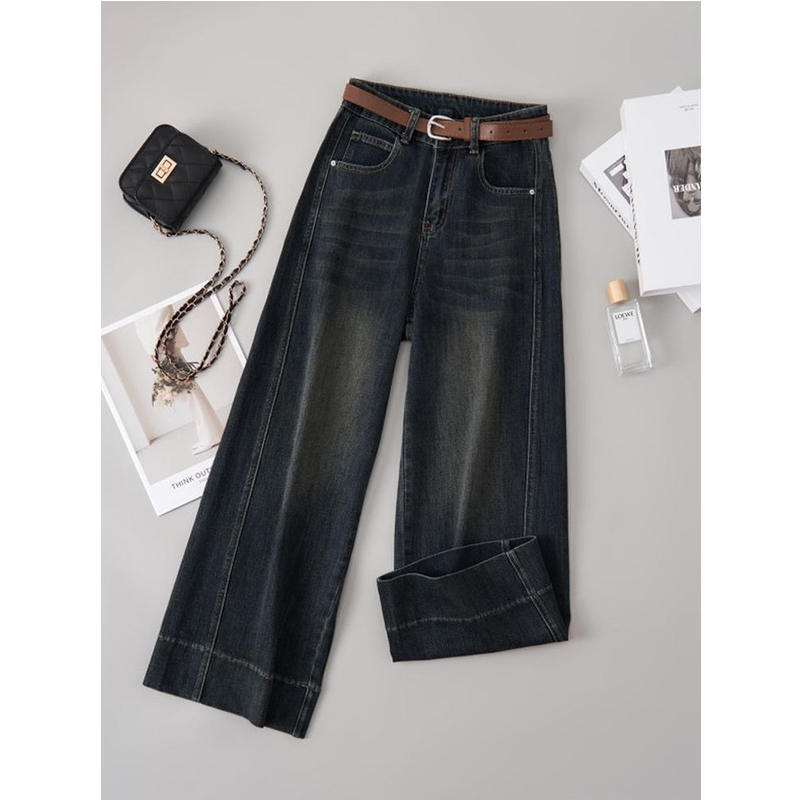 秋冬新款复古蓝阔腿牛仔裤女