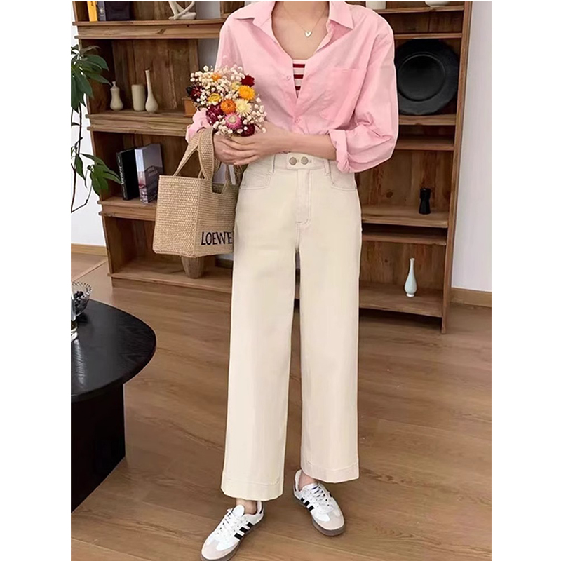 大码杏色阔腿牛仔裤女春秋新款