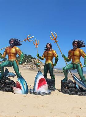 玻璃钢加勒比海盗船长雕塑大型摆件家居软装装饰仿真鲨鱼螃蟹模型