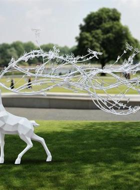 不锈钢大角鹿户外景观小品金属鹿雕塑酒店售楼部大堂迎宾大型摆件