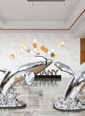 酒店大堂落地海豚雕塑艺术品售楼处别墅展厅玻璃钢电镀软装置摆件