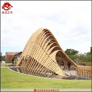 竹编茶壶造景艺术定制竹艺编织异形造型装 置定做景区艺术休息亭