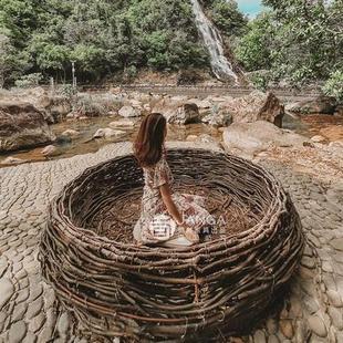 巴厘岛网红鸟巢秋千景区打卡民宿创意落地编织吊蓝椅鸟巢户外家具