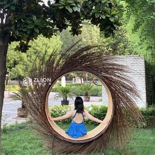 巴厘岛网红藤编鸟巢秋千景区婚纱拍摄道具创意悬挂圆形床户外民宿