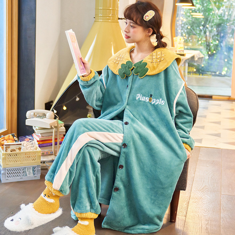 睡衣女秋冬珊瑚绒加厚加绒睡袍长款睡裙冬季保暖法兰绒可爱家居服