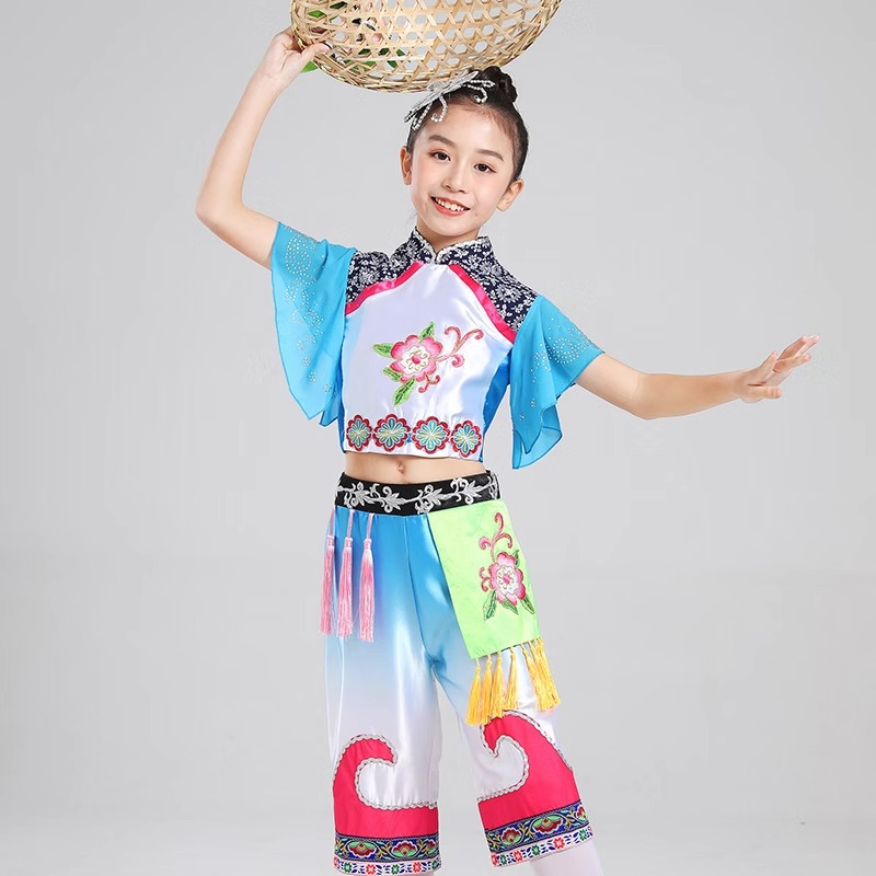 儿童民族民间舞蹈演出服装独舞水梦瑶表演服斗笠傣族儿童演出服