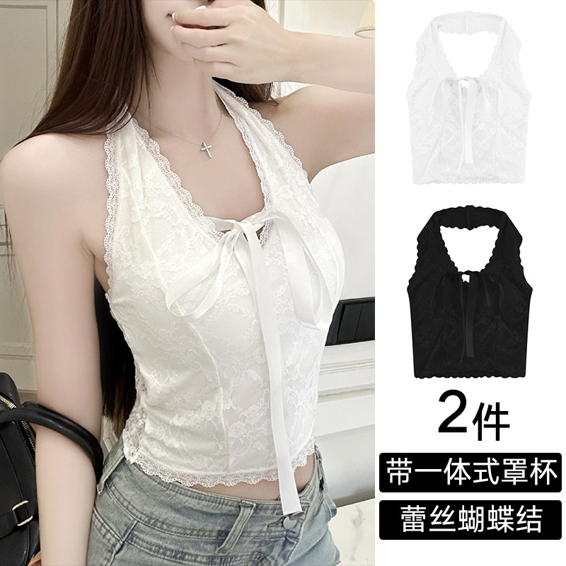 挂脖蕾丝蝴蝶结美背吊带背心女外穿性感带胸垫一体式打底内衣抹胸
