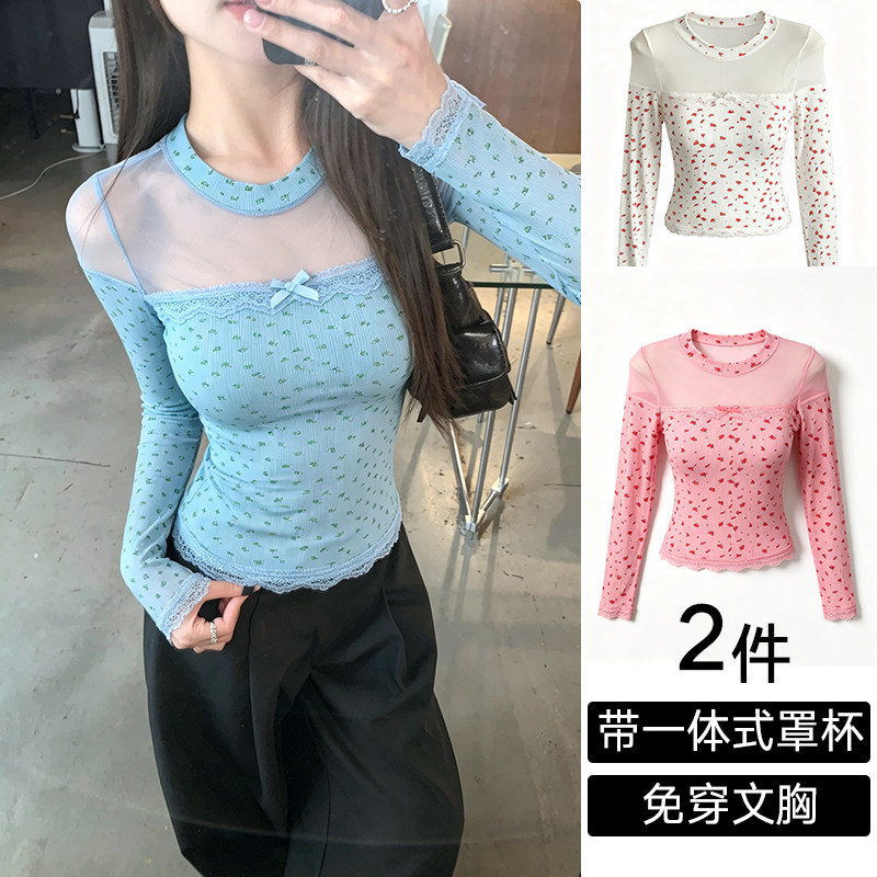 纯欲碎花网纱蕾丝长袖女外穿自带胸垫一体内衣修身性感打底衫上衣