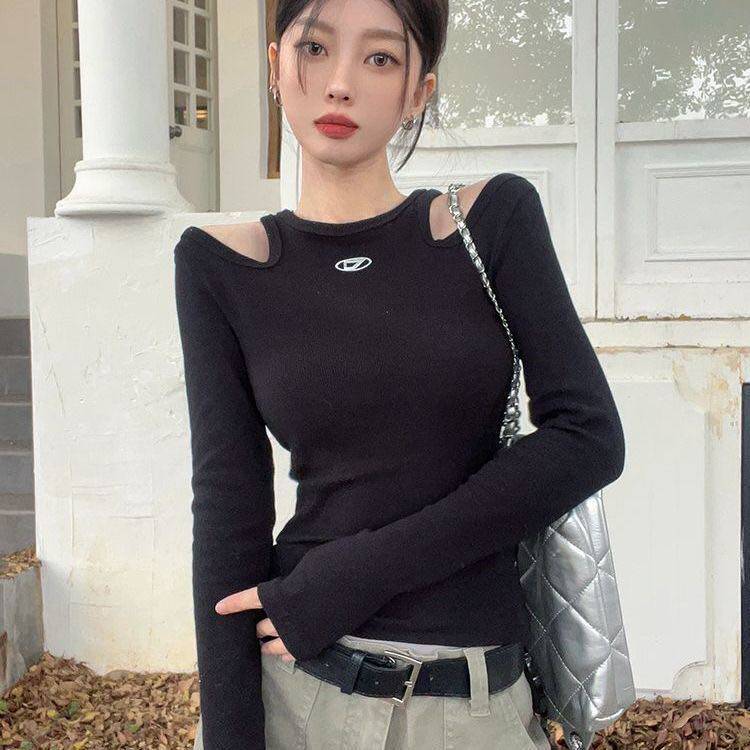 加厚磨毛冬季露肩长袖女带胸垫一体免穿文胸收腰修身打底T恤上衣