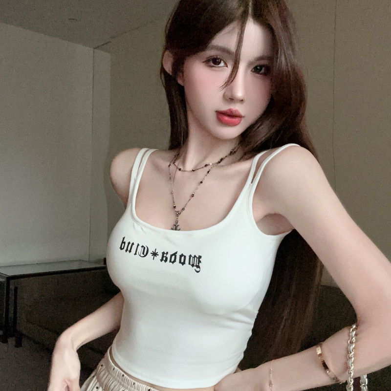 纯欲风吊带背心女字母印花双肩带内衣带胸垫聚拢文胸打底无袖上衣