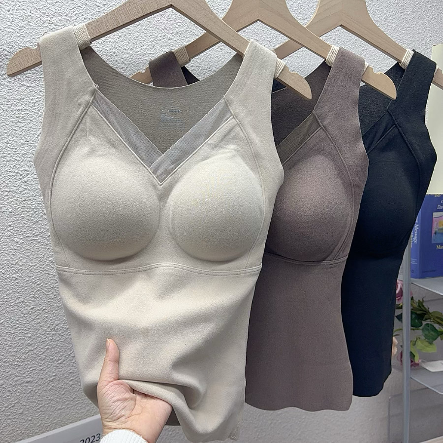 加厚加绒冬季保暖德绒石墨烯背心女带胸垫一体式罩杯发热打底上衣