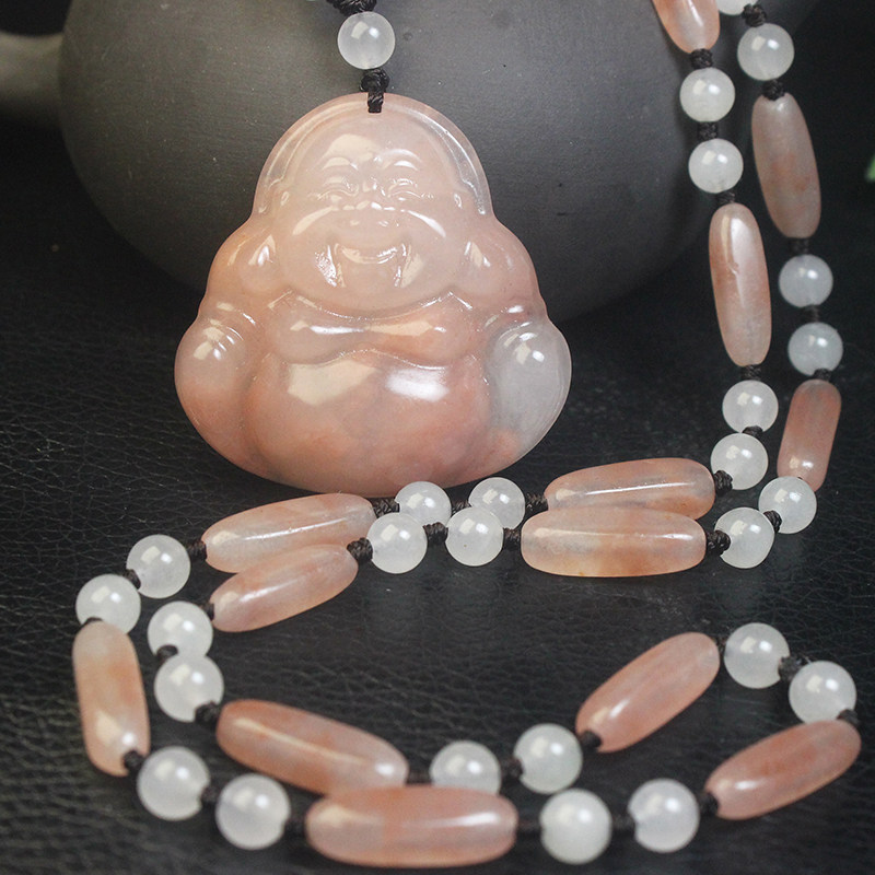 正品桂林鸡血玉贵妃料佛公吊坠女款笑佛项链毛衣链天然玉石A带证
