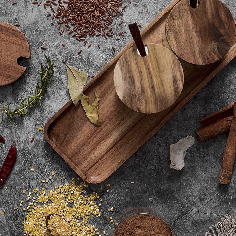 厂家直销玻璃调味罐三件套创意厨房用品盐罐糖罐木制调味盒套装