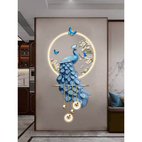 孔雀玄关装饰画高级感立体LED壁灯新中式入户走廊过道挂画2025新