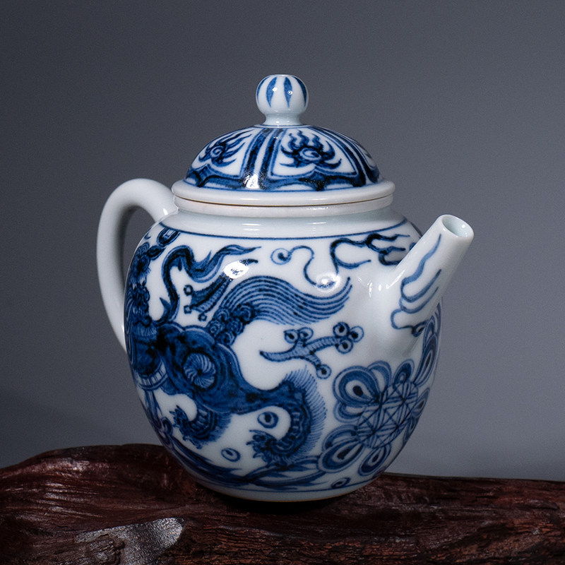 有茶有器景德镇周棋稳溪兰仰元手绘仿元青花狮子绣球执壶陶瓷茶壶